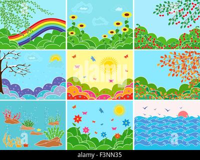 Reihe von neun verschiedenen Bildern, die Darstellung der verschiedenen Standorte und Jahreszeiten; Multicolor Vektor-Illustrationen Stock Vektor