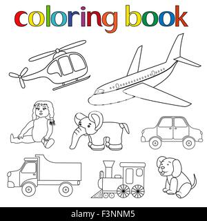 Reihe von verschiedenen Spielzeugen für Malbuch mit Hubschrauber, Flugzeug, Puppe, Elefant, Auto, LKW, Lokomotive und Welpen, Cartoon vecto Stock Vektor