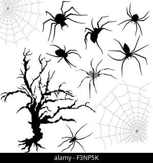 Halloween Silhouette Satz von Spinnen, Spinnen Geflechte und alte getrocknete Baum isoliert auf weißem Hintergrund, hand Zeichnung Vektor hinsichtlich Stock Vektor