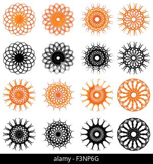 Satz von acht abstrakten Wirbel abgerundete Formen in orange gradient Farbtöne und seine schwarzen Silhouetten, Vektor-Design-Elemente Stock Vektor