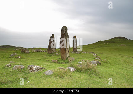 Glengorm Castle Estate Standing Stones mit Dun Ara alte Festung im Hintergrund Stockfoto