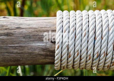 Seil um ein Holzscheit gebunden Stockfoto