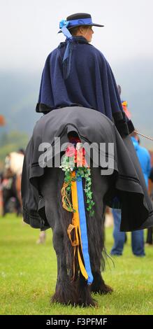 Schwangau, Deutschland. 11. Oktober 2015. Eine Frau in Tracht sitzt auf einem festlich geschmückten Pferd in der Nähe von Schwangau, Deutschland, 11. Oktober 2015. Sie nehmen Teil in das Fest der St. Coloman in Schwangau jedes Jahr gefeiert wird. Fahrer nehmen Teil in einer Prozession und Messe, in dem die Pferde gesegnet sind. Der Legende nach der Ire Coloman ruhte, predigte und trieben Vieh in Schwangau während seiner Pilgerreise von Irland nach Jerusalem. Foto: KARL-JOSEF HILDENBRAND/DPA/Alamy Live-Nachrichten Stockfoto