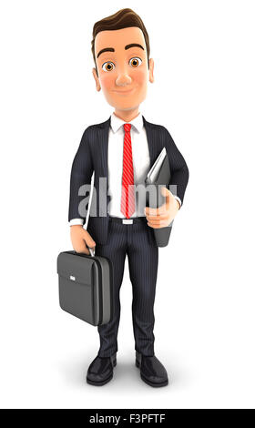 3D Geschäftsmann mit einer Aktentasche und Dateien, isolierten weißen Hintergrund Stockfoto