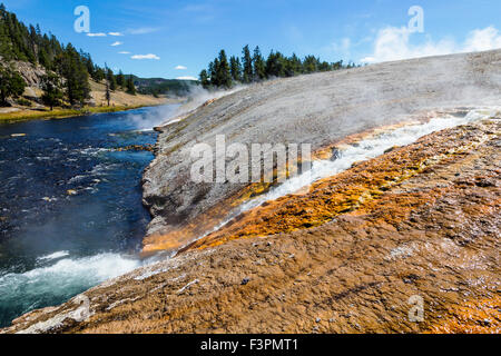 Midway Geyser Basin; heiße Quellen fließen Firehole River; Yellowstone-Nationalpark, Wyoming, USA Stockfoto