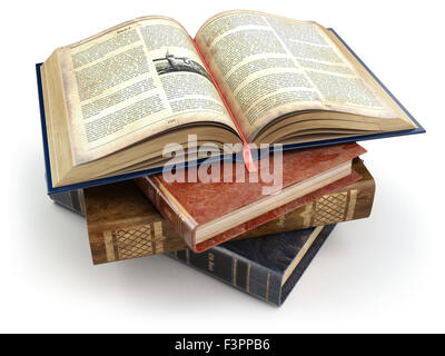 Olld Vintage Bücher mit öffnen Sie eine isoliert auf weiss. Bildung. 3D. Stockfoto