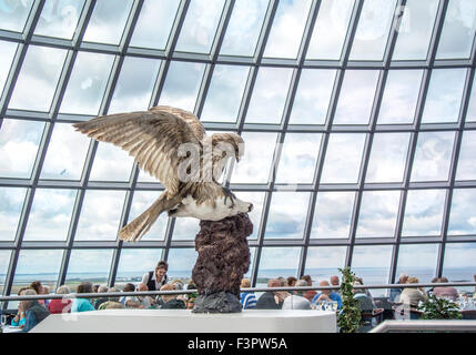 Reykjavik, Island. 29. Juli 2015. American Diner Essen unter der futuristischen Glaskuppel des The Perlan Drehrestaurant unter eine Skulptur der Gerfalke (Falco Rusticolus) einen hochgeschätzten Jagd Vogel unter den Wikingern und das nationale Symbol für Island. Ein Wahrzeichen in Reykjavik, die Hauptstadt von Island, mit einem weiten Blick ist Perlan ein beliebtes Touristenziel. © Arnold Drapkin/ZUMA Draht/Alamy Live-Nachrichten Stockfoto