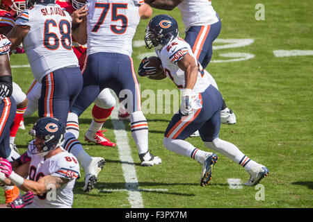 RB Matt Forte, #22 Chicago Bears, celebrates a touchdown during the NFL  International game between the Tampa Bay Buccaneers and the Chicago Bears  on O - SuperStock