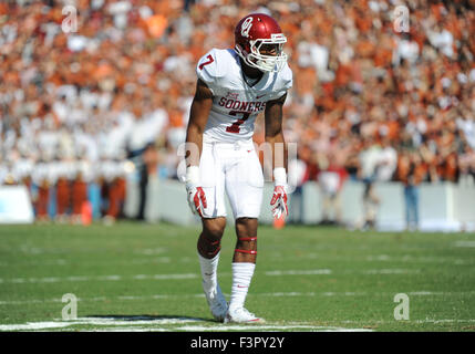 10. Oktober 2015: Oklahoma Sooners Cornerback Jordan Thomas #7 in der NCAA Red River Showdown Fußballspiel zwischen der Oklahoma Sooners und die Texas Longhorns an das Cotton Bowl Stadium in Dallas, TX Texas besiegt Oklahoma 24-17 Albert Pena/CSM Stockfoto