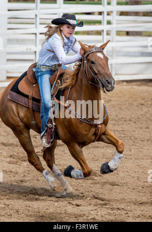 Rodeo Cowgirl auf Reiten im Wettbewerb im Fass Rennveranstaltung, Chaffee County Fair & Rodeo, Salida, Colorado, USA Stockfoto