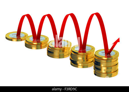 Business-Grafik mit Pfeil und Münzen isoliert auf weißem Hintergrund Stockfoto