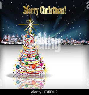 Abstrakte Weihnachten-Vektor-Illustration mit Silhouette der Stadt und Baum Stock Vektor