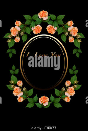 Ovaler Goldrahmen mit orange Rosen auf schwarzem Hintergrund Stockfoto