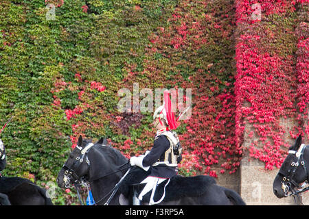 London, UK. 12. Oktober 2015. Mitglieder der Household Cavalry Fahrt vorbei an einer Wand des japanischen Ivy in Admiralty, die zu Beginn wechseln ihre Farben im Herbst Saison Credit: Amer Ghazzal/Alamy Live-Nachrichten Stockfoto