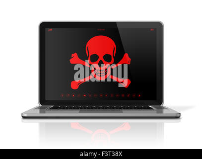 3D Laptop mit einem Piraten-Symbol auf dem Bildschirm. Hacker-Konzept Stockfoto