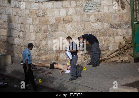 Jerusalem, Israel. 12. Oktober 2015. Israelische Polizei untersuchen Sie den Körper eines palästinensischen Mannes erschossen von der israelischen Polizei in der Nähe das Löwentor in die Altstadt von Jerusalem, am 12. Oktober 2015. Polizei erschossen und einen Palästinenser, die angeblich versuchte, sie am Montag in Jerusalem zu erstechen getötet, sagte Behörden. Nach einer ersten Untersuchung erhoben ein palästinensischer Mann den Verdacht von Polizeibeamten am Tatort, als er die Straße hinunter, ging Polizei-Sprecher Micky Rosenfeld sagte Xinhua. Bildnachweis: Xinhua/Alamy Live-Nachrichten Stockfoto