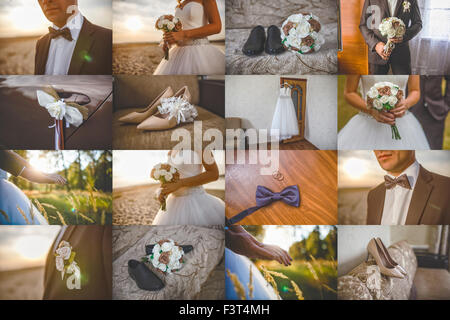 Hochzeit set Sammlung Kit Dekorationen Bouquet und Ringe Schuhe Stockfoto