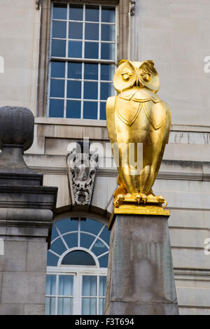 LEEDS, UK - 30. September 2015.  Golfen-Eule außerhalb Leeds Civic Hall in der Nähe von Millenium Square Stockfoto