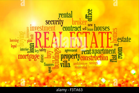Kaufen home Ausgaben Infotext Wortwolke auf goldenem Hintergrund gelb Stockfoto
