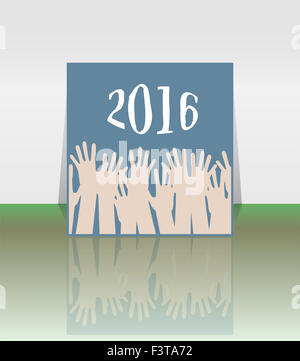 2016 und Menschen Hände Set Symbol. Die Inschrift 2016 im orientalischen Stil auf abstrakten Hintergrund Stockfoto