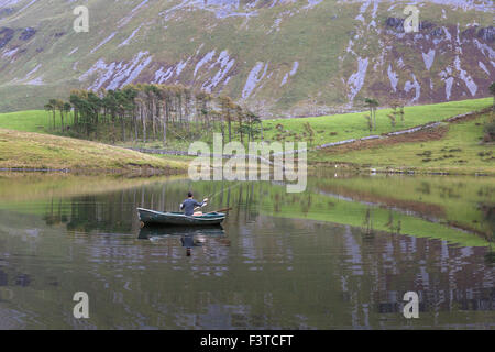 Fliegenfischen Sie auf Cregennan Seen, Snowdonia-Nationalpark, Gwynedd, Nordwales, UK Stockfoto