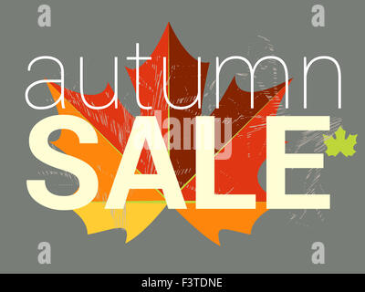 Herbst Sale Kategorie, Preis oder Rabatt-Karte. Ahornblatt in rot, braun, orange und gelb Stockfoto