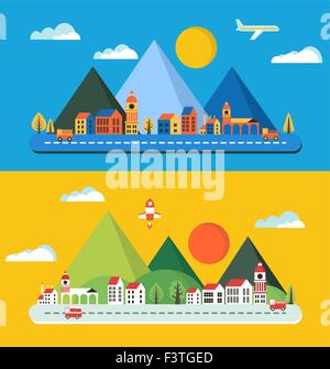 Stadtlandschaft im Stil der eine flache Stadt, Gebäude, Fahrzeuge. Stock Vektor