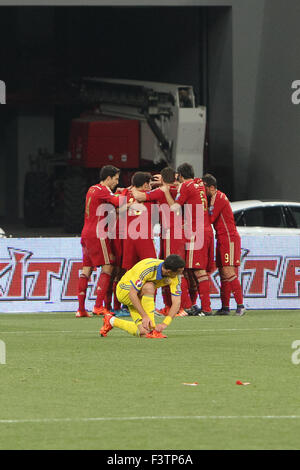 Kiew, Ukraine. 12. Oktober 2015. Spanien-Nationalmannschaft feiert ein Ziel während des European Qualifiers 2016-Spiels zwischen Ukraine und Spanien Nationalmannschaften im NSK Olimpiyskyi Stadium in Kiew am 16. September 2015. Bildnachweis: Sergii Kharchenko/Pacific Press/Alamy Live-Nachrichten Stockfoto