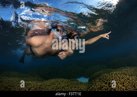 Junge schöne Paar schwebt über einem Korallenriff, Indischer Ozean, Malediven Stockfoto