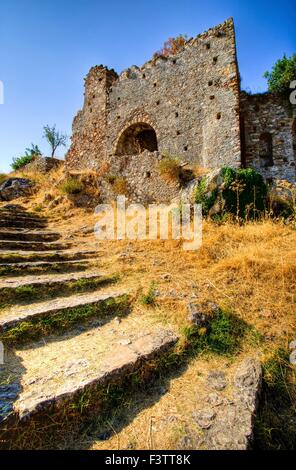 Die historische Stätte von Mystras, eine byzantinische Burg in Griechenland Stockfoto