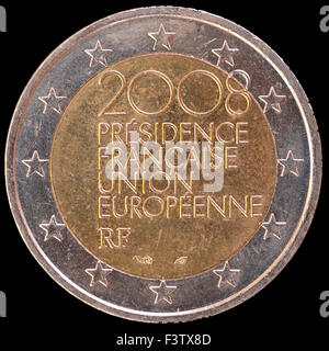 Eine Festschrift verteilt zwei-Euro-Münze von Frankreich 2008 feiern die französische Präsidentschaft des Rates der EU ausgestellt Stockfoto