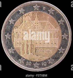 Eine Festschrift verteilt zwei-Euro-Münze von Deutschland im Jahr 2010 ausgestellt und feiert das Bundesland Bremen Stockfoto