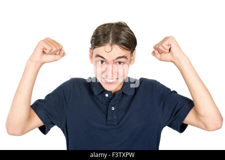 Glücklich Jugendlicher Nerd Grimassen isoliert in weiß Stockfoto