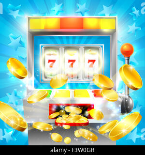 Spielautomat Casino Jackpot Konzept mit einem Schlitz oder Spielautomaten schlagen Glück 777 und Goldmünzen fliegen aus Stockfoto