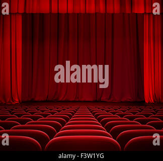 roten Vorhang auf der Theaterbühne mit roten Samtsitze Stockfoto