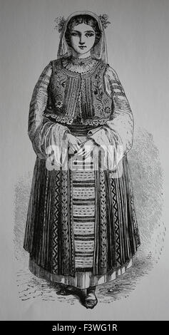 Rumänisch. Weibliche Tracht. 1860. Gravur. des 19. Jahrhunderts. Stockfoto