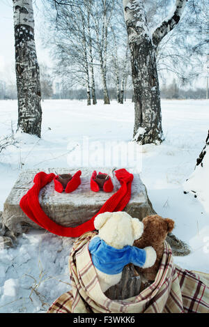 Teddy Bären ruhen im Winterwald Stockfoto