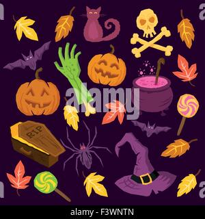 Gruselige Halloween-Symbole wie Kürbisse, Fledermäuse, Spinnen, Zombie Arm und Hexen Hut! Vektor-Illustration. Stock Vektor
