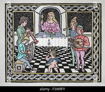 Europa. Mittleren Alters. Musik, Musicals Instrumente spielen. Gravur. Spätere Färbung. Stockfoto