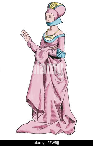 Deutsche weibliche Kleid. Europa. 1500-1550. Gravur. Farbe. Stockfoto