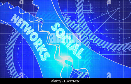 Soziale Netzwerke auf die Zahnräder. Bauplan-Stil. Stockfoto