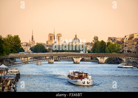 Seineufer in Paris mit Passerelle de Solferino Brücke. In der Ferne, die Kathedrale Notre Dame und Institut de France Stockfoto