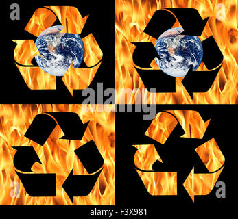 Recyceln Sie Symbole aus Feuer gemacht Stockfoto