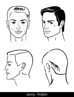 Vier Mann Umriss Gesichter isoliert auf weiss Stockfoto