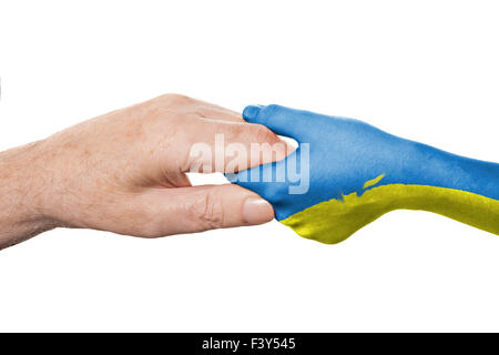 Zwei Hände und ukrainischen Flagge Stockfoto