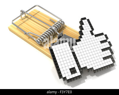 Wie Symbol in hölzernen Mausefalle. 3D-Rendering Abbildung, isoliert auf weißem Hintergrund. Stockfoto