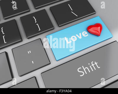 3D Renderer Bild. Computer-Tastatur mit Herz und Liebe-Taste. Liebe-Konzept zu finden. Stockfoto