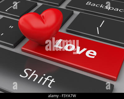 3D Renderer Bild. Computer-Tastatur mit Herz und Liebe-Taste. Liebe-Konzept zu finden. Stockfoto