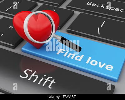3D Renderer Bild. Computer-Tastatur mit Herz und Liebe-Taste. Liebe-Konzept zu finden. Stockfoto