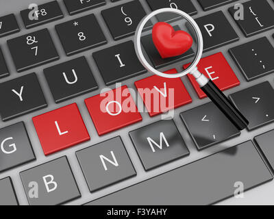 3D Renderer Bild. Computer-Tastatur mit Tasten und roten Herzen lieben. Liebe-Konzept zu finden. Stockfoto